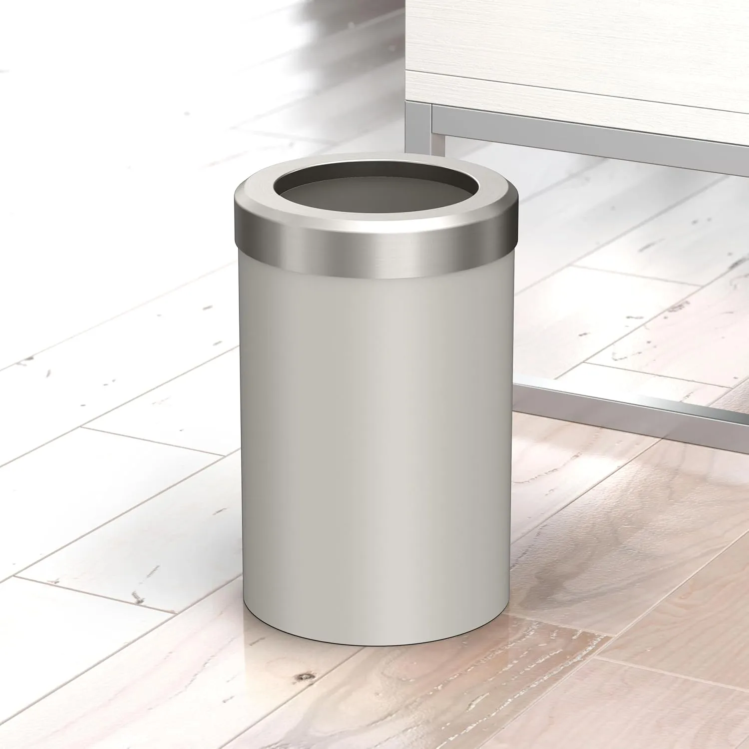 Gatco 1931SN Modern Round Waste Basket, Matte Pearl and Satin Nickel Combo / 11.88" H x 7.63" Dia Open Top Stainless Steel Trash Can with Removable Lid, 11 Liter Capacity