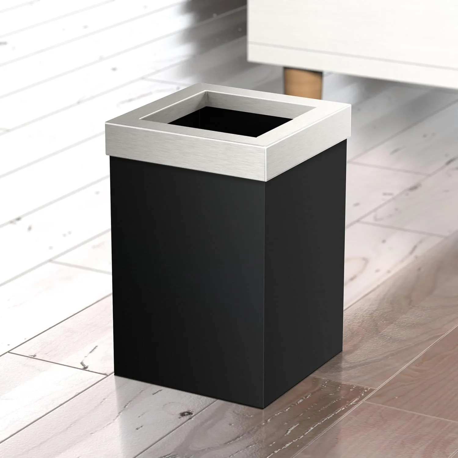Gatco Modern Square Wastebasket, Matte Black and Satin Nickel Combo - Stainless Steel Trash Can with Removable Lid, Leakproof, 3 Gallon Capacity for Bathroom, Bedroom, Kitchen, or Office