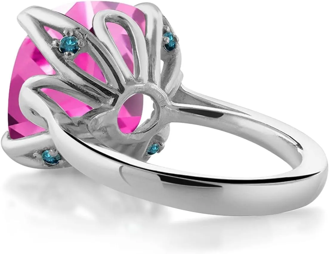 Gem Stone King 925 Sterling Silver Pink Created Sapphire and Blue Diamond Engagement Ring For Women (14.62 Cttw, 14MM Cushion, Available in Size 5,6,7,8,9)