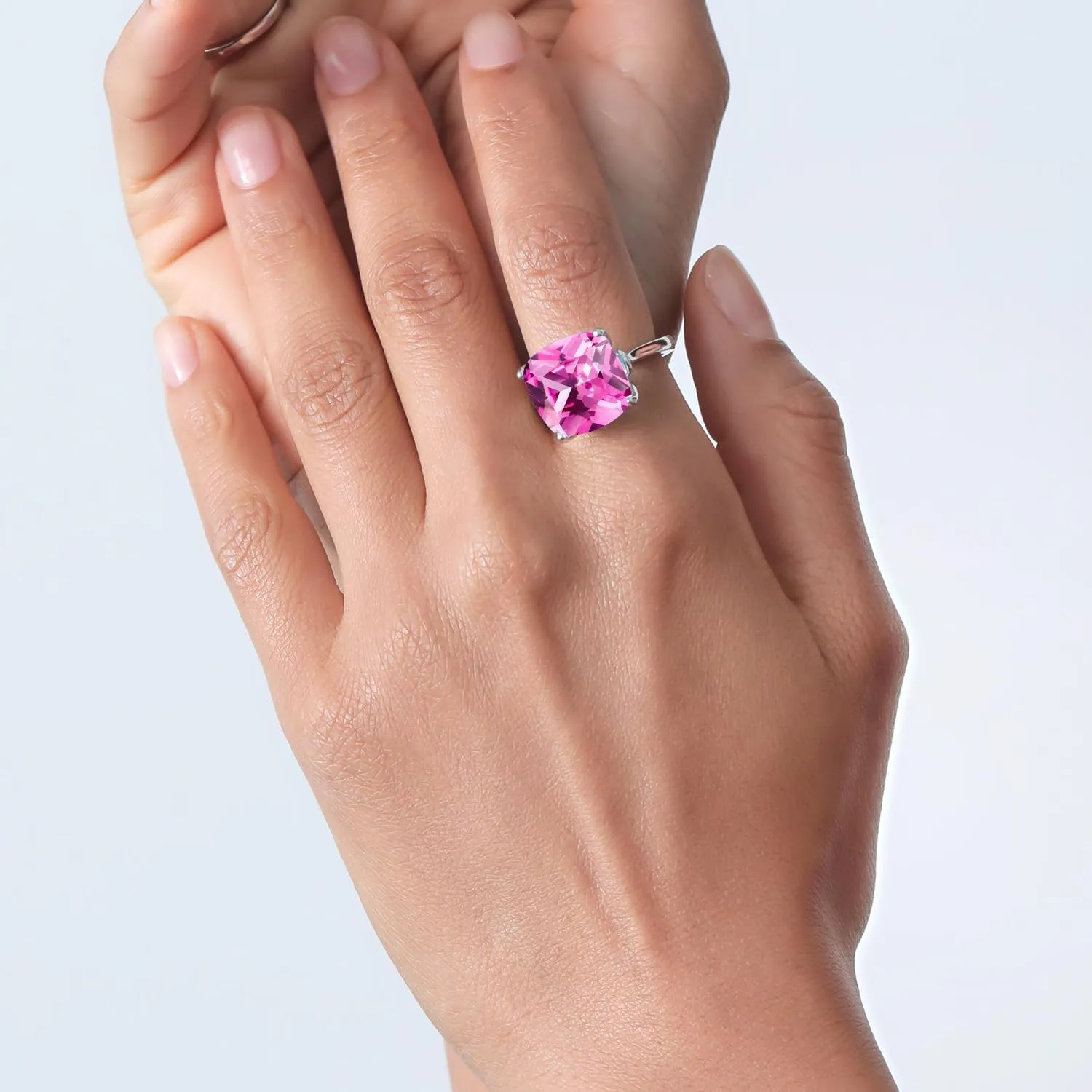 Gem Stone King 925 Sterling Silver Pink Created Sapphire and Blue Diamond Engagement Ring For Women (14.62 Cttw, 14MM Cushion, Available in Size 5,6,7,8,9)