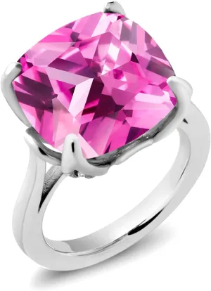 Gem Stone King 925 Sterling Silver Pink Created Sapphire and Blue Diamond Engagement Ring For Women (14.62 Cttw, 14MM Cushion, Available in Size 5,6,7,8,9)