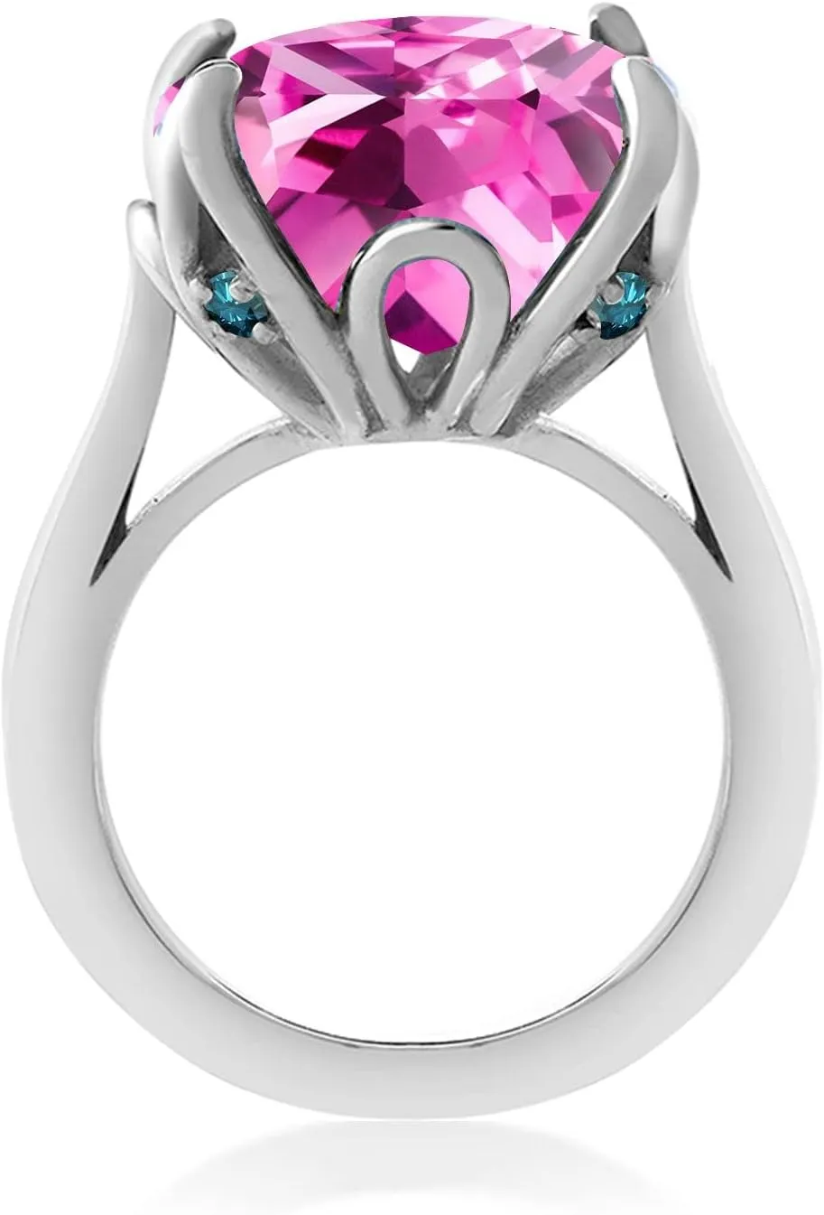 Gem Stone King 925 Sterling Silver Pink Created Sapphire and Blue Diamond Engagement Ring For Women (14.62 Cttw, 14MM Cushion, Available in Size 5,6,7,8,9)