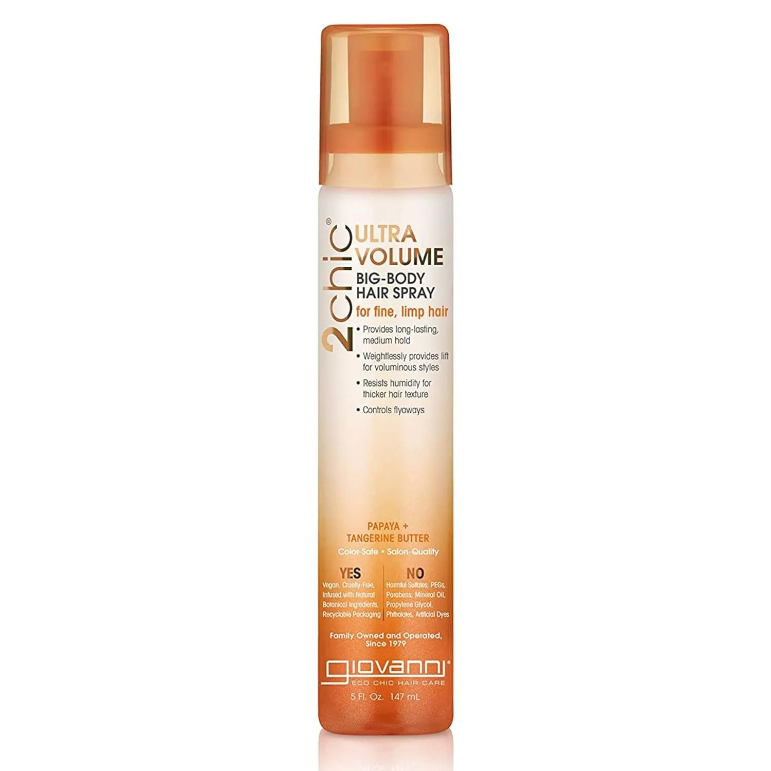 GIOVANNI 2chic Ultra-Volume Big-Body Hair Spray - Daily Volumizing Formula with Papaya & Tangerine Butter, Promotes Weightless Control for Fine Limp Thin Hair, No Parabens, Color Safe - 5 fl oz