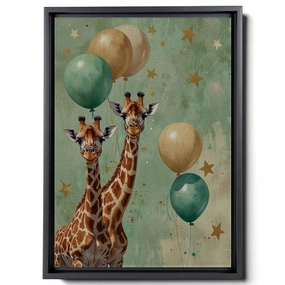 Giraffes With Balloons And Stars In The Style Of Light Emerald And Beige Large Canvas, Print