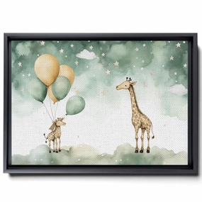 Giraffes With Balloons And Stars, In The Style Of Light Emerald And Beige, Large Canvas, Wall Art