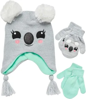 Girls Critter Winter Hat and 2 Pair Gloves or Mittens (Toddler/Little Girls)