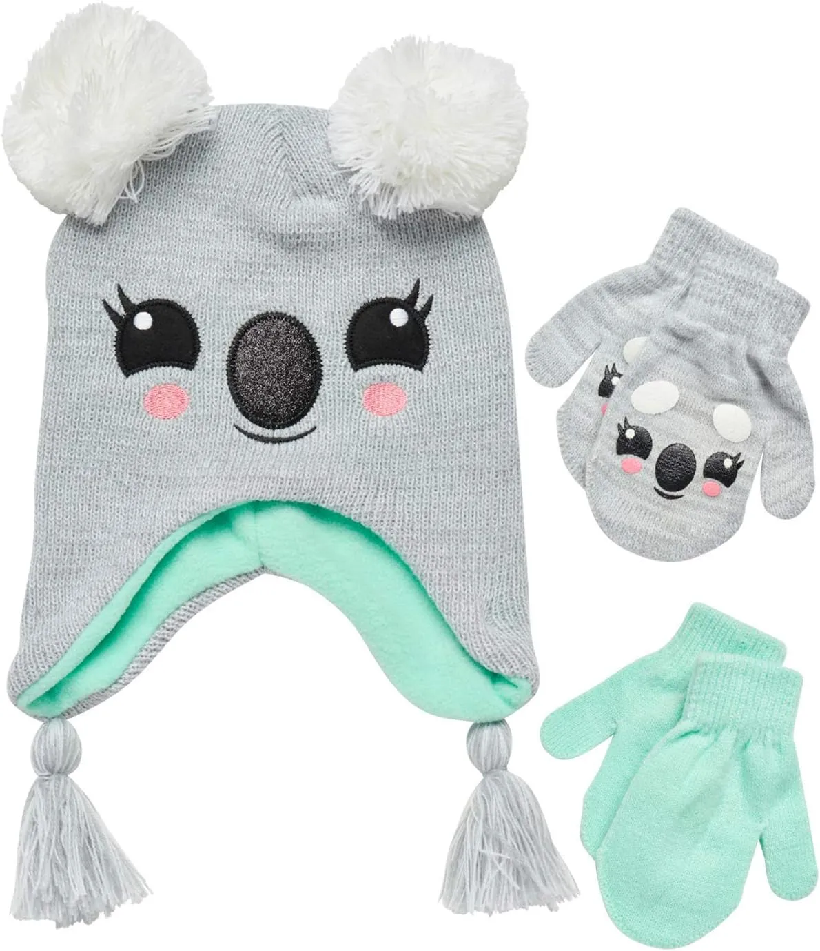 Girls Critter Winter Hat and 2 Pair Gloves or Mittens (Toddler/Little Girls)