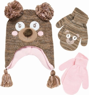 Girls Critter Winter Hat and 2 Pair Gloves or Mittens (Toddler/Little Girls)