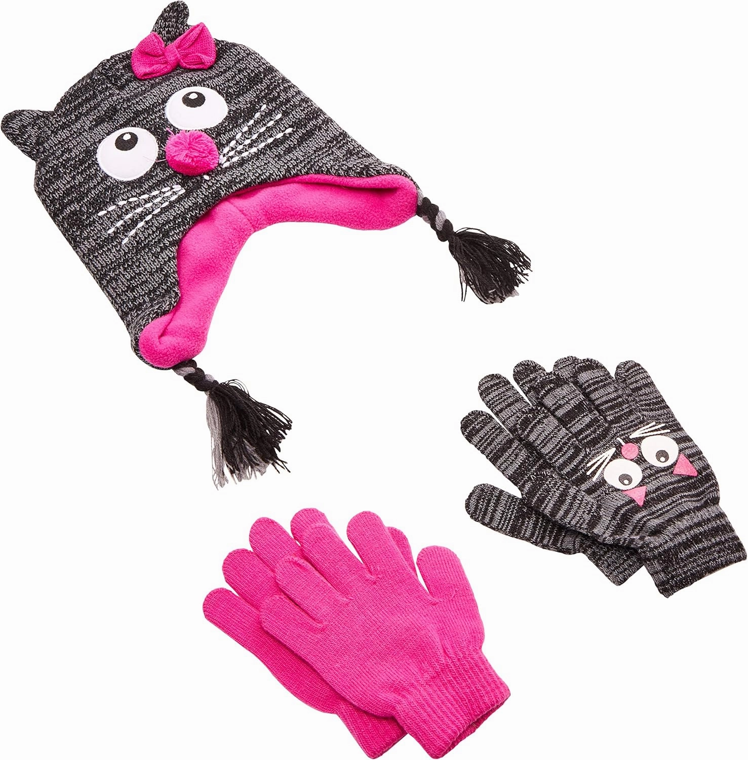 Girls Critter Winter Hat and 2 Pair Gloves or Mittens (Toddler/Little Girls)