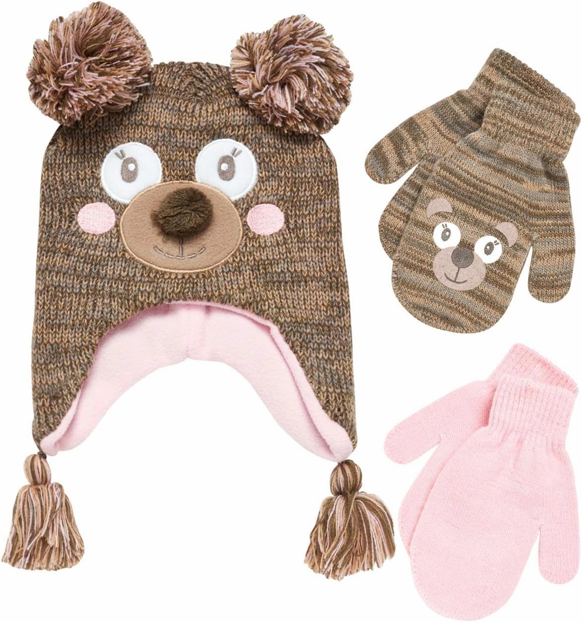 Girls Critter Winter Hat and 2 Pair Gloves or Mittens (Toddler/Little Girls)