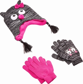 Girls Critter Winter Hat and 2 Pair Gloves or Mittens (Toddler/Little Girls)