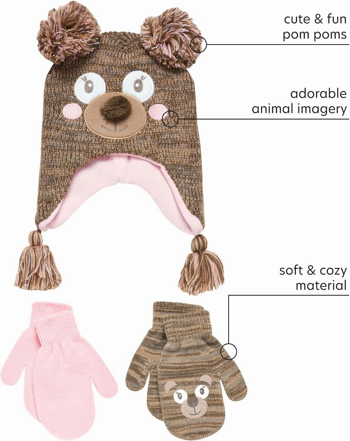 Girls Critter Winter Hat and 2 Pair Gloves or Mittens (Toddler/Little Girls)