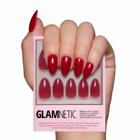 Glamnetic Press On Nails - Classic Red | Opaque Cool Tone, Timeless Red Short Almond Short False Nails, Reusable Stick On Fake Nails with Glue | Salon Quality | 15 Sizes - 30 Nail Kit