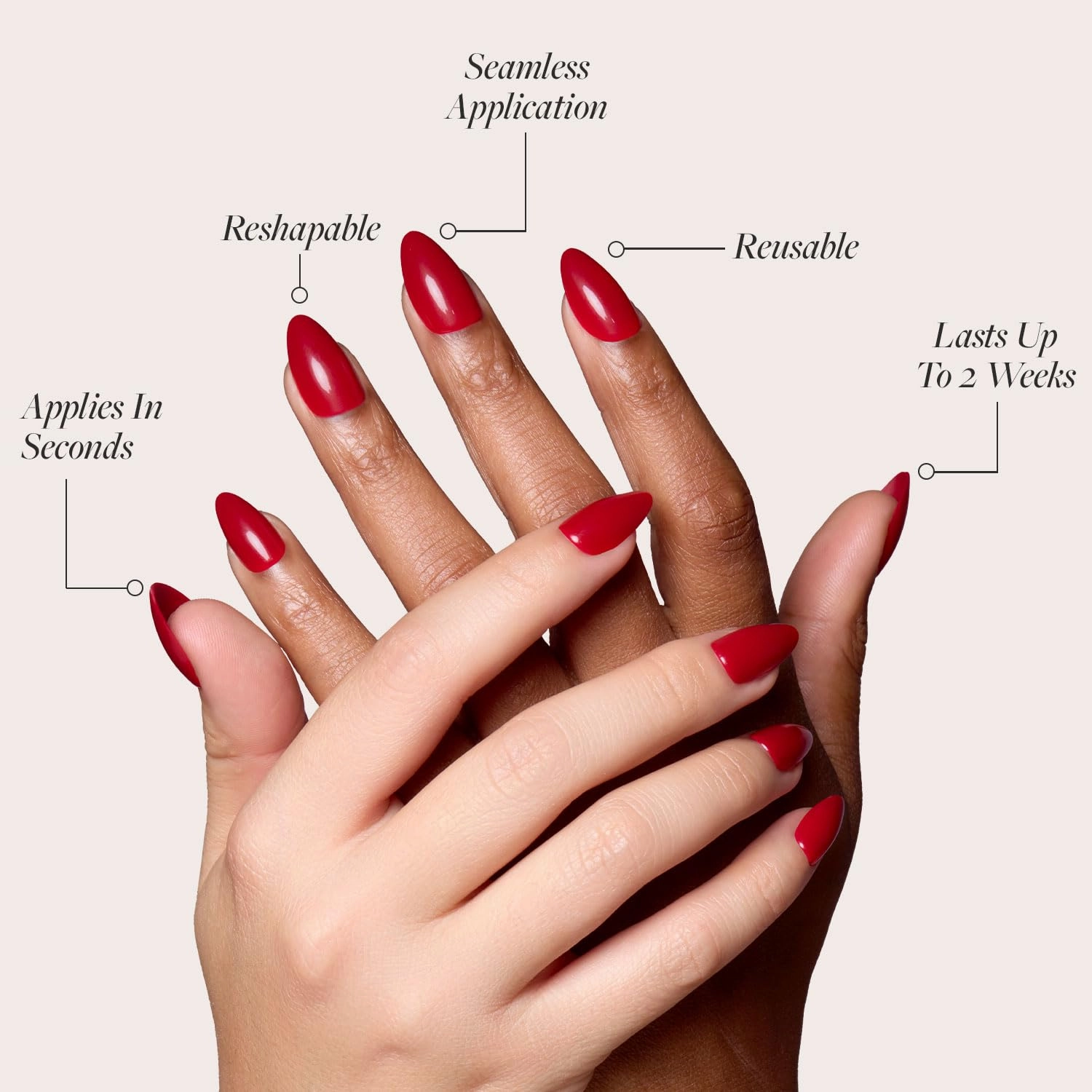 Glamnetic Press On Nails - Classic Red | Opaque Cool Tone, Timeless Red Short Almond Short False Nails, Reusable Stick On Fake Nails with Glue | Salon Quality | 15 Sizes - 30 Nail Kit