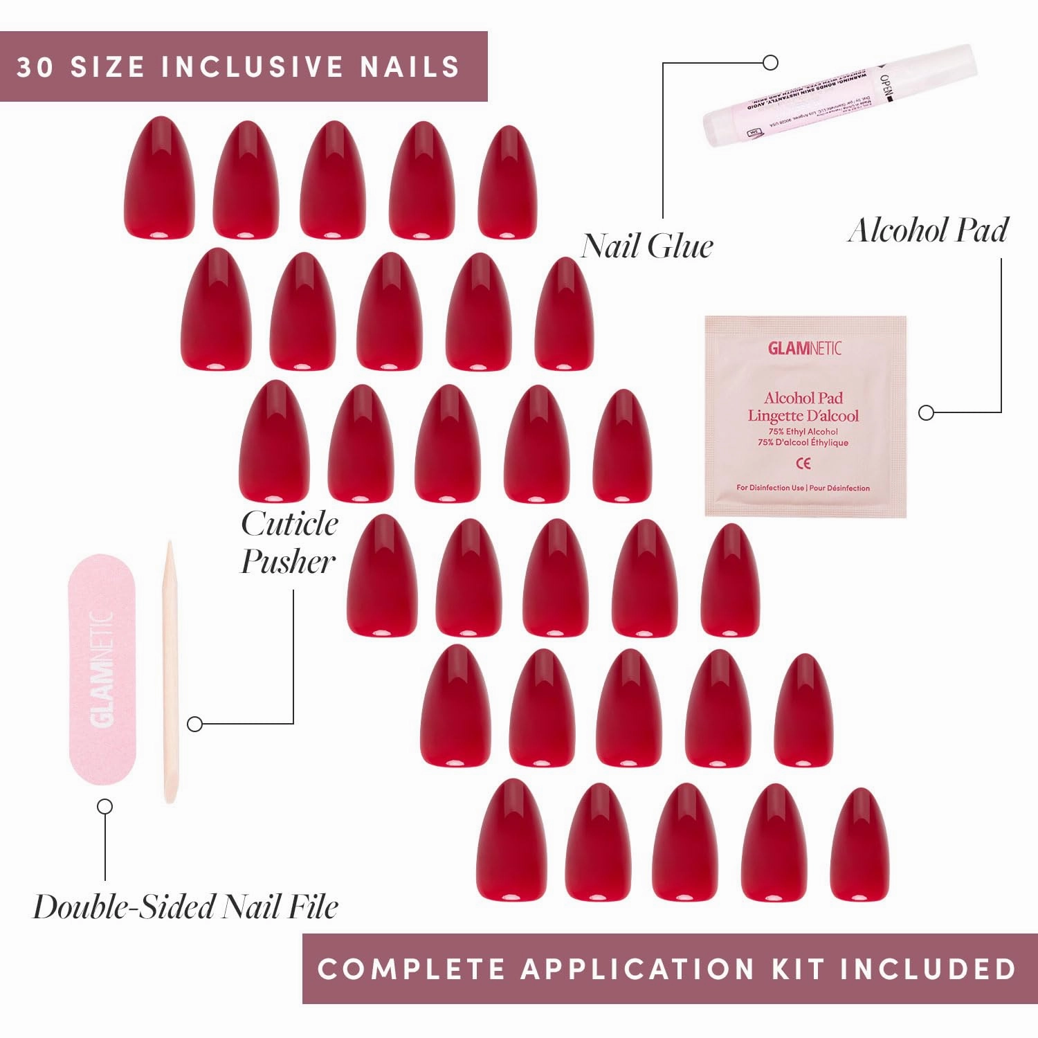 Glamnetic Press On Nails - Classic Red | Opaque Cool Tone, Timeless Red Short Almond Short False Nails, Reusable Stick On Fake Nails with Glue | Salon Quality | 15 Sizes - 30 Nail Kit