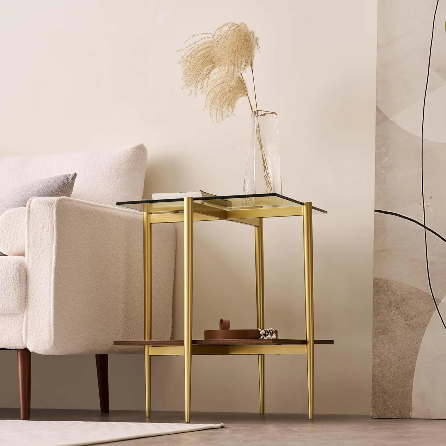 Glass End Table, Mid-Century Modern Design Sofa Table, for Living Room, 2-Tier Structure, Clear Glass Top and Walnut MDF Shelf, Sleek Conical Metal Legs with Gold Finish Frame