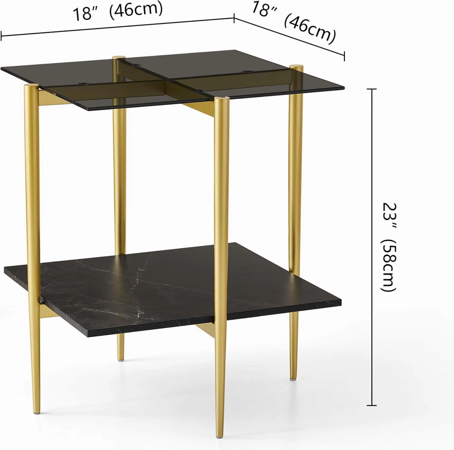 Glass End Table, Mid-Century Modern Design Sofa Table, for Living Room, L18 x W18 x H23 in, Clear Glass Top and Walnut MDF Shelf, Sleek Conical Metal Legs with Gold Finish Frame