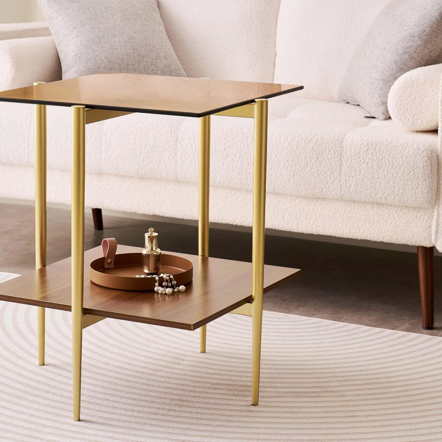 Glass End Table, Mid-Century Modern Design Sofa Table, L41 x W21 x H17, for Living Room, 2-Tier Structure, Clear Glass Top and Walnut MDF Shelf, Sleek Conical Metal Legs with Gold Finish Frame