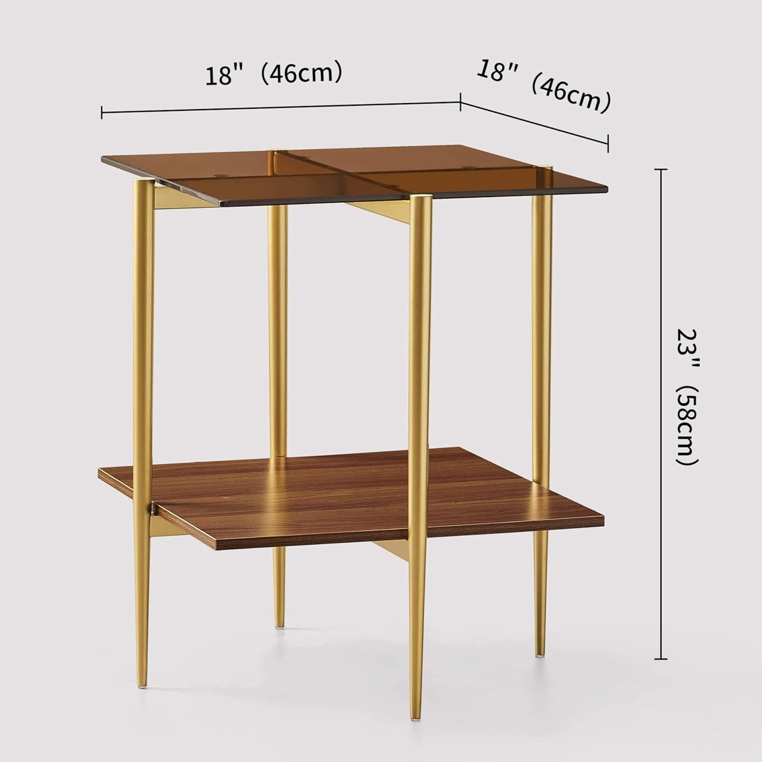 Glass End Table, Mid-Century Modern Design Sofa Table, L41 x W21 x H17, for Living Room, 2-Tier Structure, Clear Glass Top and Walnut MDF Shelf, Sleek Conical Metal Legs with Gold Finish Frame
