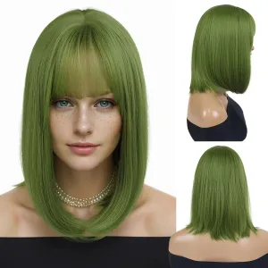 GNIMEGIL 16 inches Green Wig Cosplay with Bangs Trendy Short Straight Hair Costume Wig for Women Halloween Carnival Party Wig Heat Resistant Synthetic Fiber