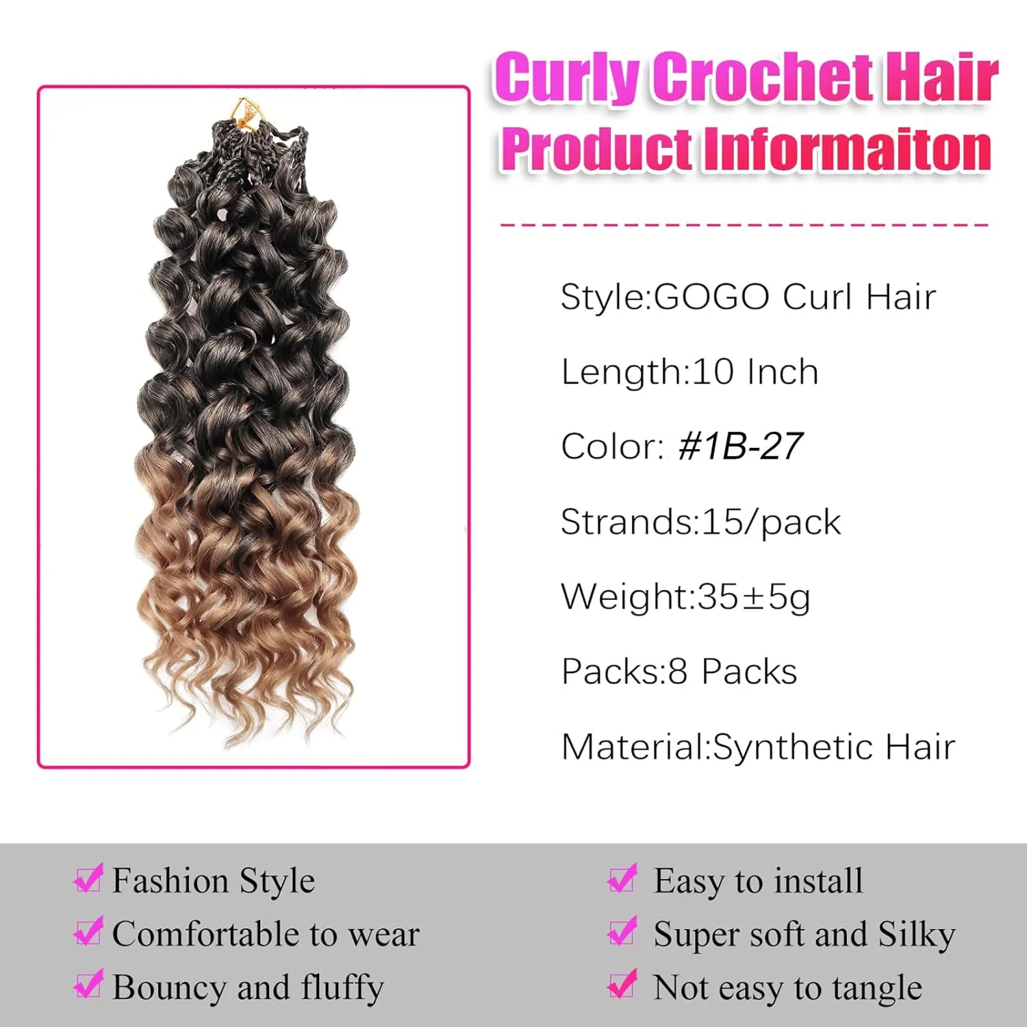 Gogo Curl Crochet Hair 10 Inch Pre Looped Ocean Wave Hair Short Curly Bob Synthetic Hair Extensions Water Wave Crochet Braids Hair for Black Women 8 Packs 1B/27