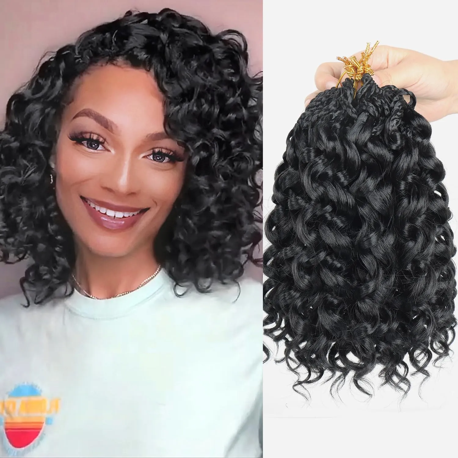 Gogo Curl Crochet Hair 8 Packs Ocean Wave Crochet Hair Pre Looped Deep Twist Goddess Box Braids Curly Water Wave Synthetic Braiding Hair For Black Women (#1B, 10 Inch (Pack of 8))