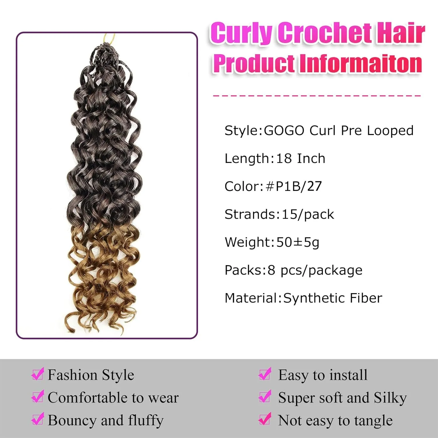 Gogo Curl Crochet Hair 8 Packs Ocean Wave Crochet Hair Pre Looped Long Deep Wave Hair Extension Synthetic Braiding Hair for Women Natural Black 18 Inch 1B/27