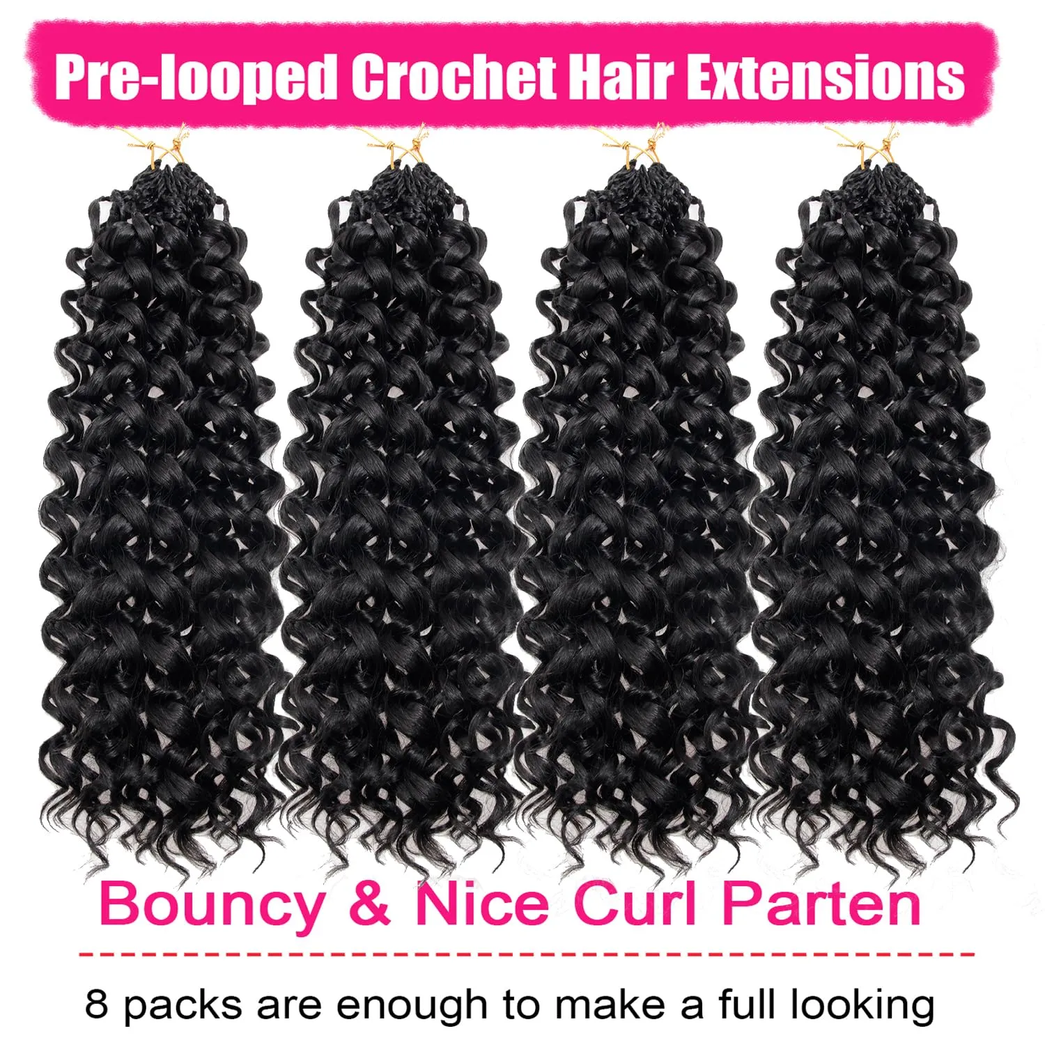 Gogo Curl Crochet Hair 8 Packs Ocean Wave Crochet Hair Pre Looped Long Deep Wave Hair Extension Synthetic Braiding Hair for Women Natural Black 18 Inch 1B