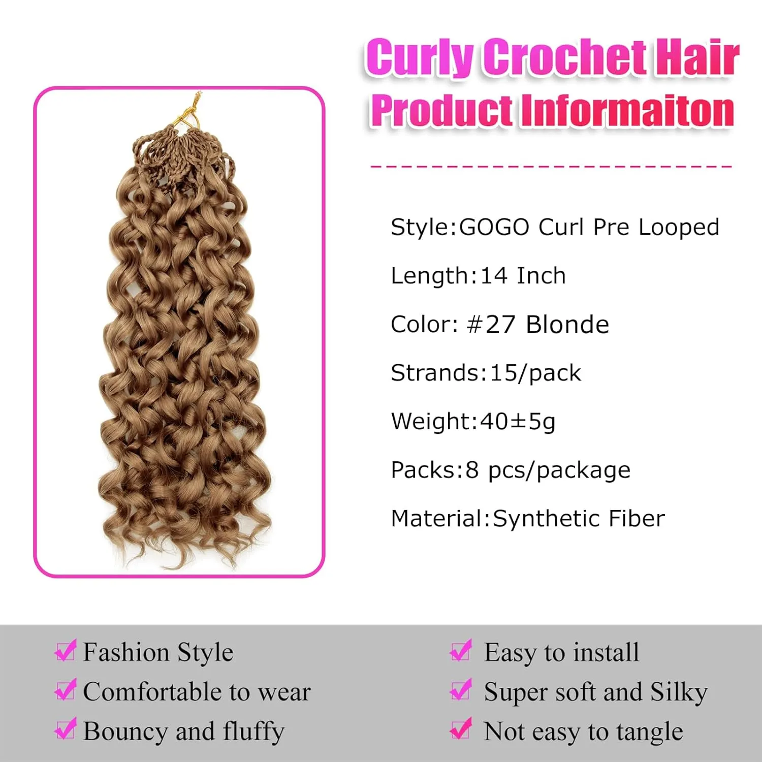 Gogo Curl Crochet Hair 8 Packs Pre Looped Blonde Water Wave Crochet Hair for Black Women Ocean Wave Synthetic Braiding Hair Extensions 14 Inch #27
