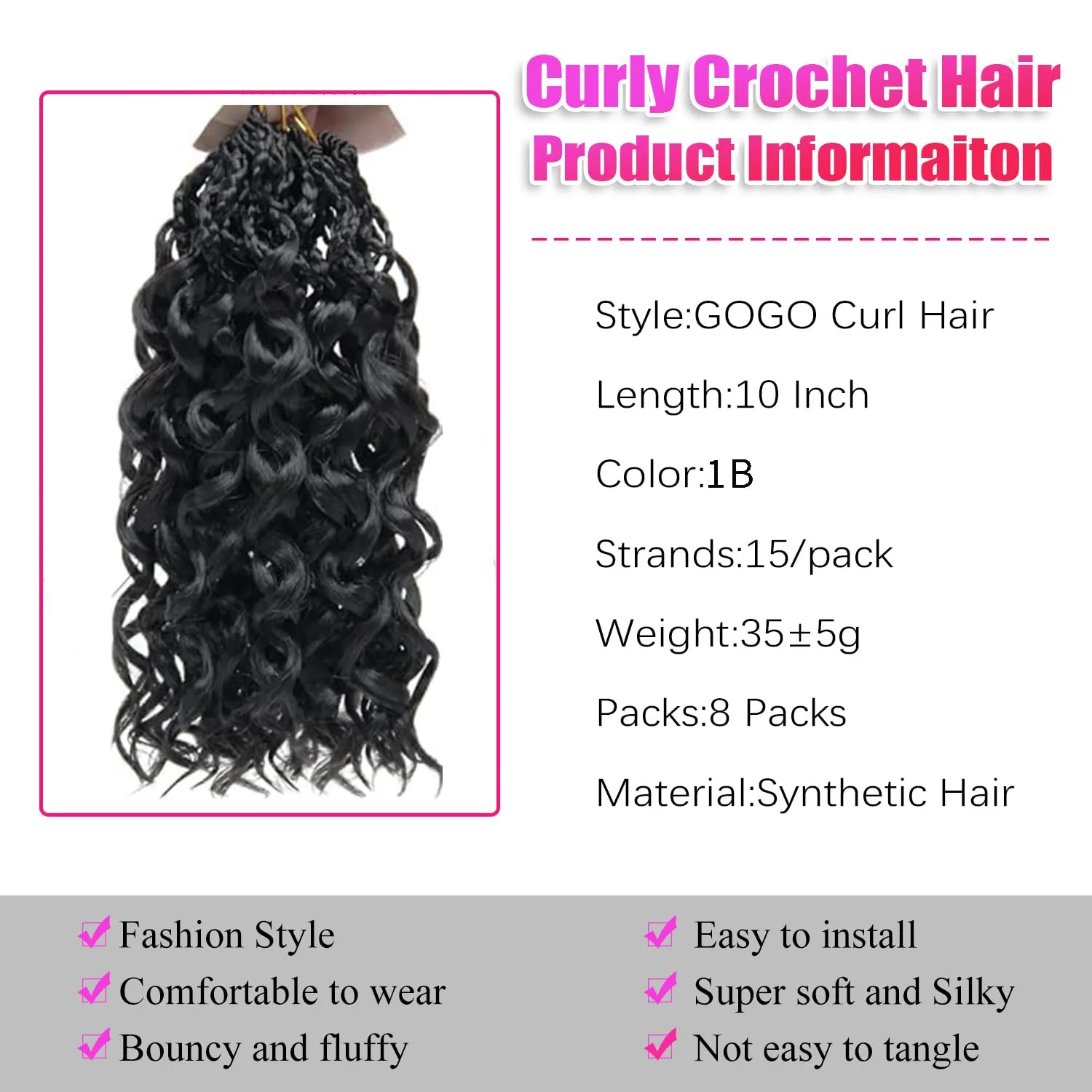 Gogo Curl Crochet Hair 8 Packs Pre Looped Short Curly Ocean Water Wave Synthetic Braiding Hair for Black Women Beach Curl Crochet Braids Pre Twisted Natural Black 10 Inch 1B