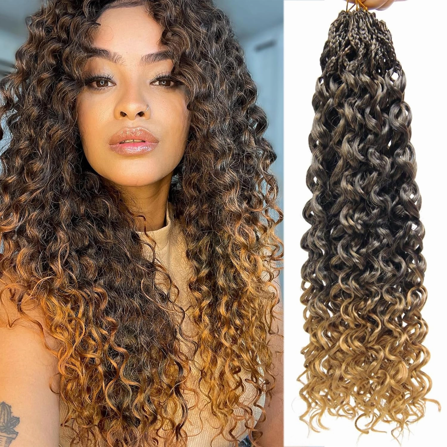 Gogo Curl Crochet Hair 8 Packs Ocean Wave Crochet Hair Pre Looped Long Deep Wave Hair Extension Synthetic Braiding Hair for Women Natural Black 18 Inch 1B/27