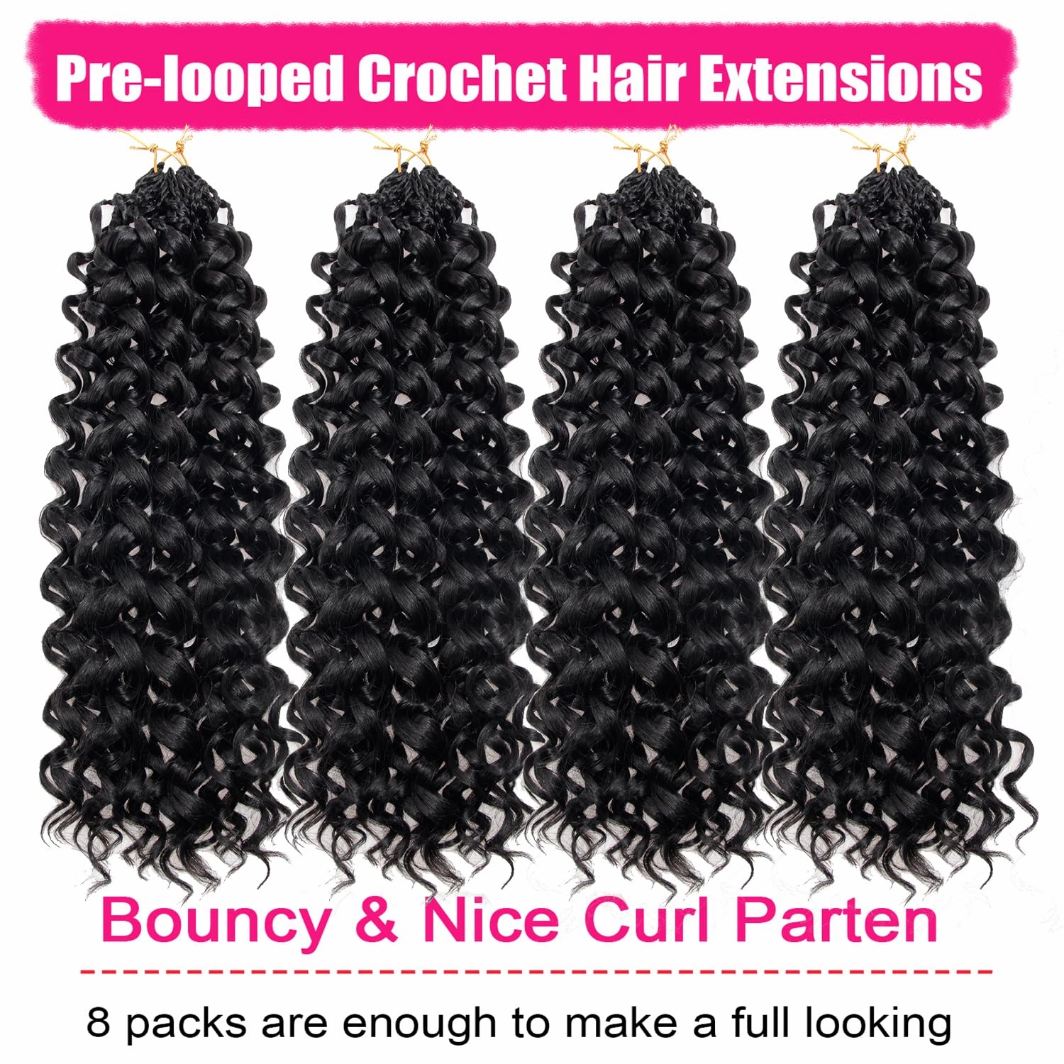 Gogo Curl Crochet Hair 8 Packs Ocean Wave Crochet Hair Pre Looped Long Deep Wave Hair Extension Synthetic Braiding Hair for Women Natural Black 18 Inch 1B