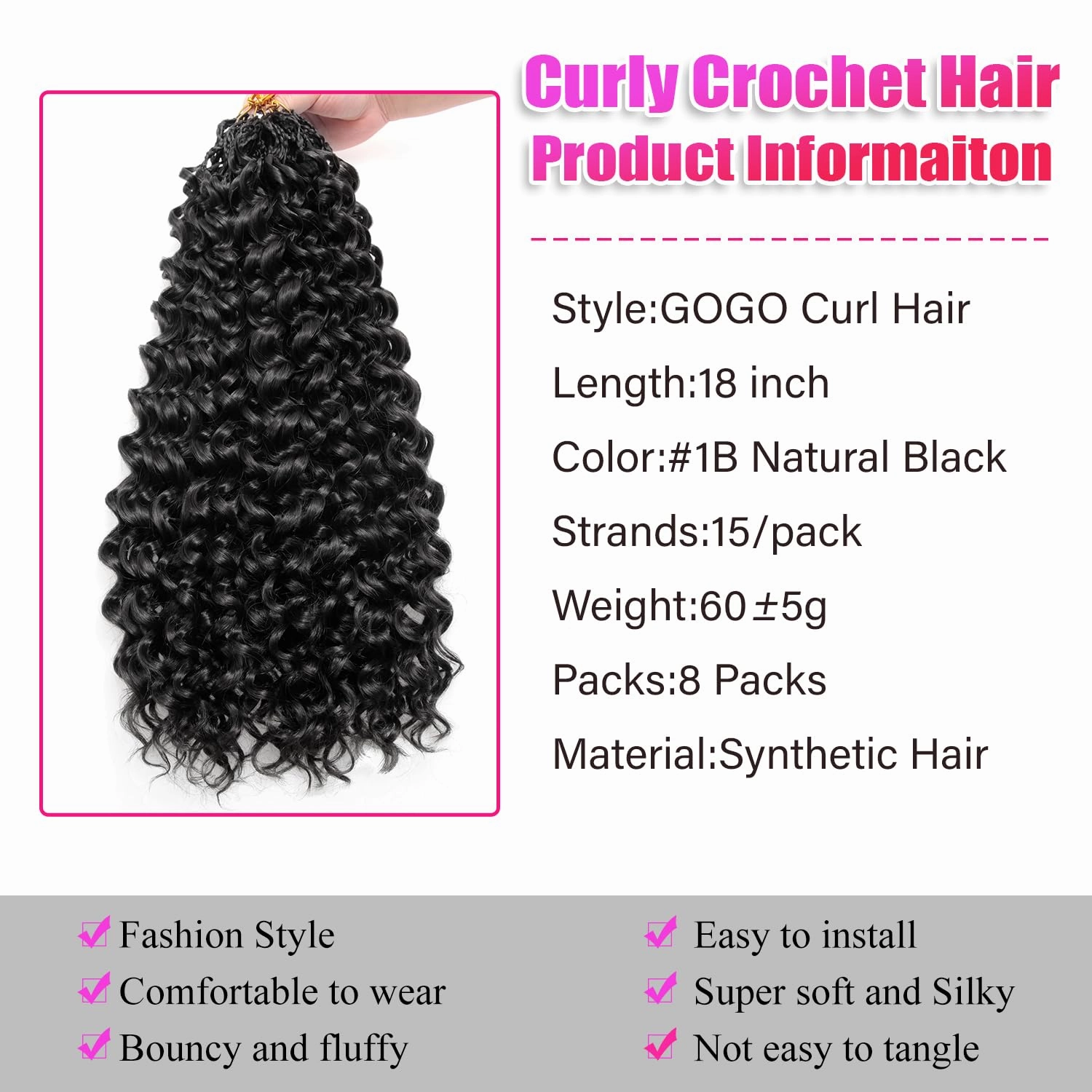 Gogo Curl Crochet Hair 8 Packs Ocean Wave Crochet Hair Pre Looped Long Deep Wave Hair Extension Synthetic Braiding Hair for Women Natural Black 18 Inch 1B