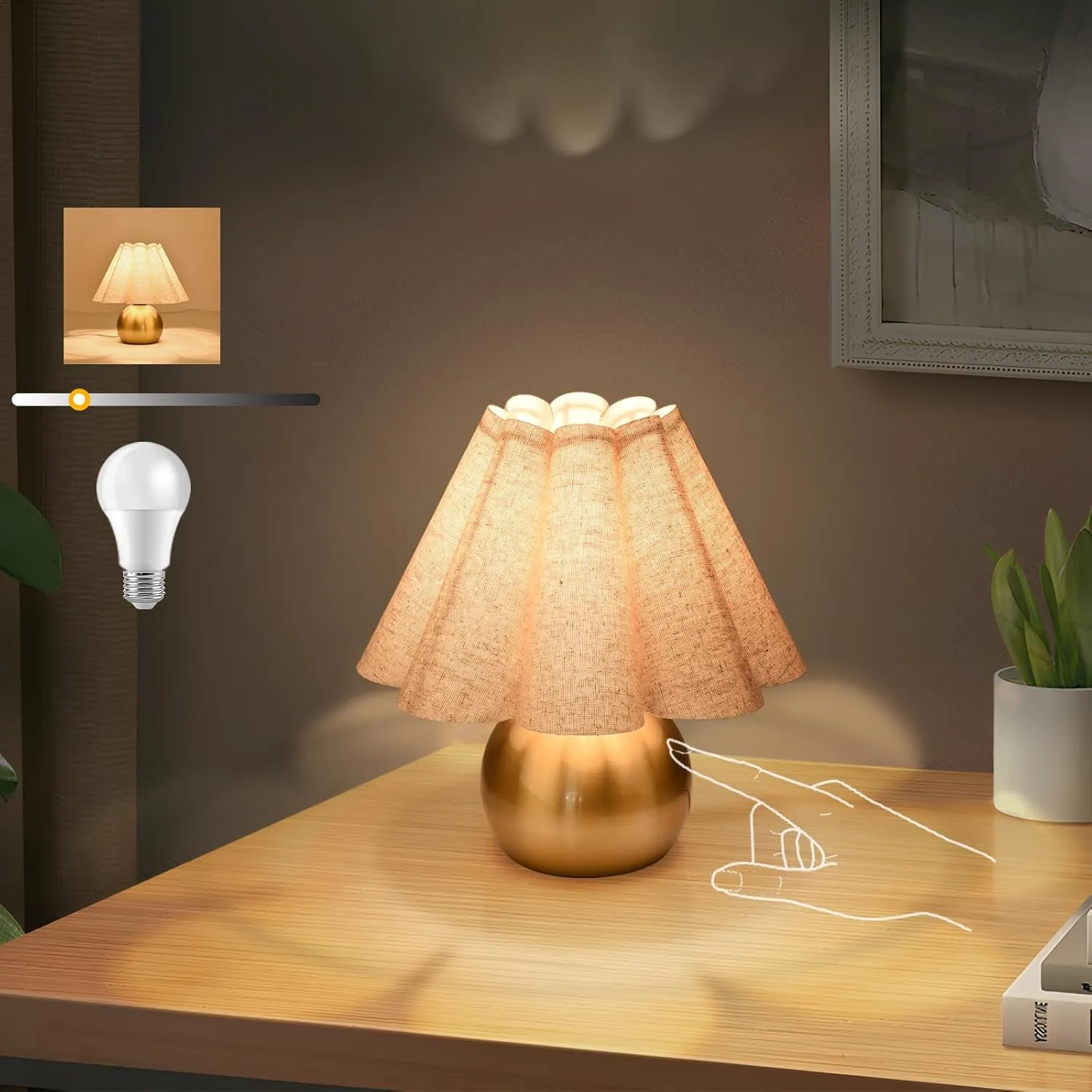 Gold Small Touch Control Table Lamp for Bedroom, Brass Gold Bedside Lamps for Nightstand, Cute Mini Table Lamps for Small Spaces with Scalloped Shade for Bedroom, Living Room, Kitchen