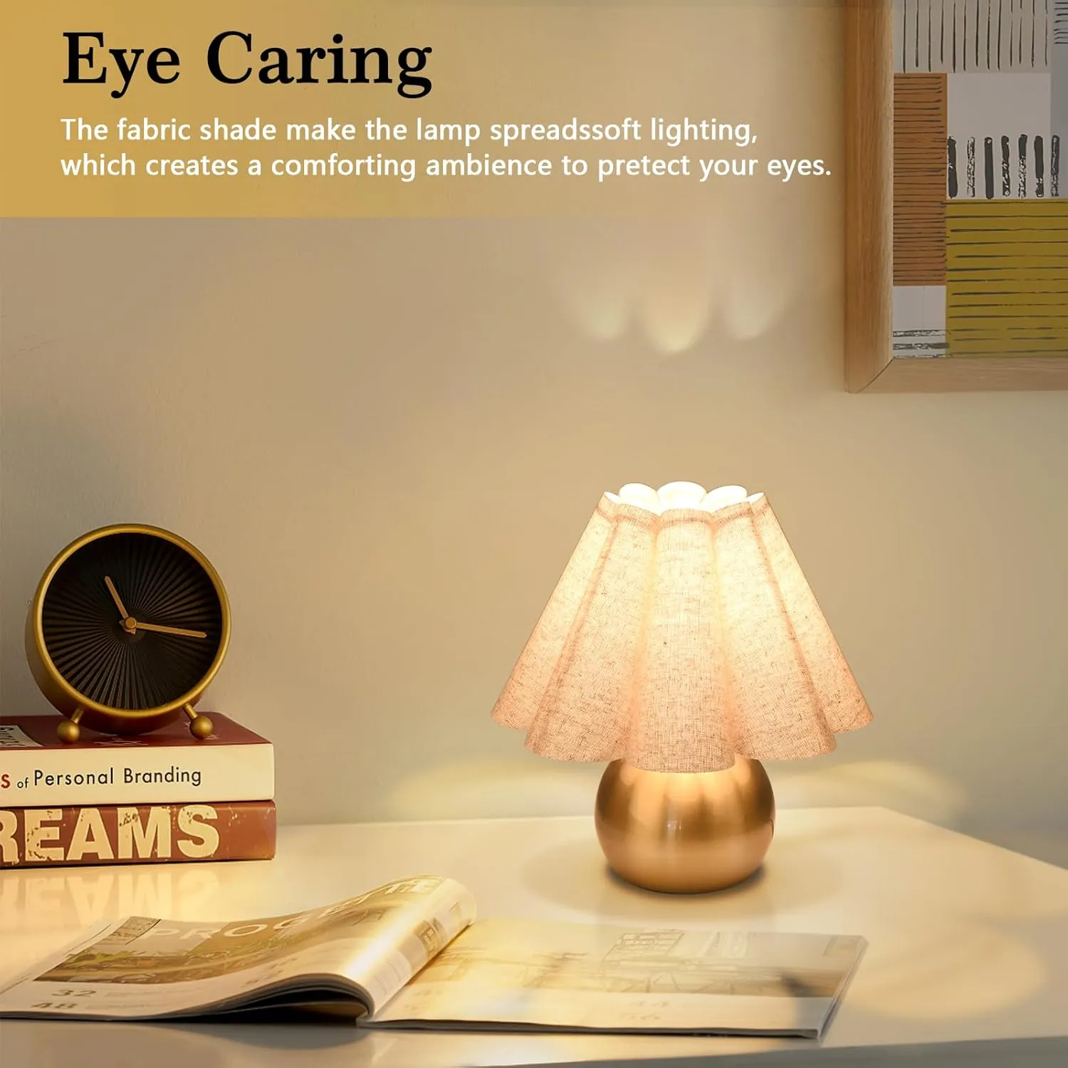 Gold Small Touch Control Table Lamp for Bedroom, Brass Gold Bedside Lamps for Nightstand, Cute Mini Table Lamps for Small Spaces with Scalloped Shade for Bedroom, Living Room, Kitchen