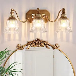 Gold Vintage Bathroom Vanity Light Fixture, Vanity Light for Bathroom, Matte Antique Brass Finish with Crystal Glass Shade, Lighting fixtures Over Mirror (Gold, 3-Light)