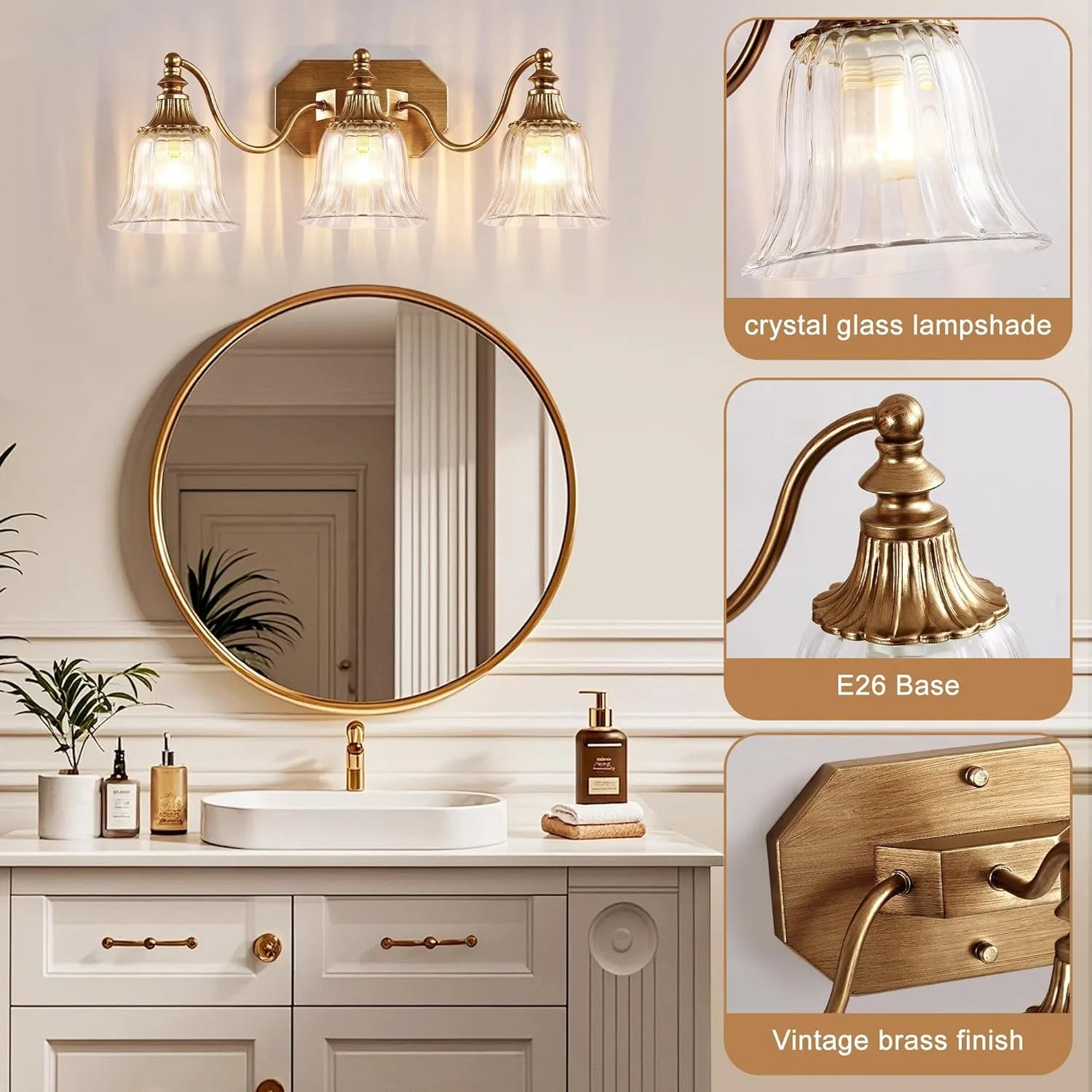 Gold Vintage Bathroom Vanity Light Fixture, Vanity Light for Bathroom, Matte Antique Brass Finish with Crystal Glass Shade, Lighting fixtures Over Mirror (Gold, 3-Light)