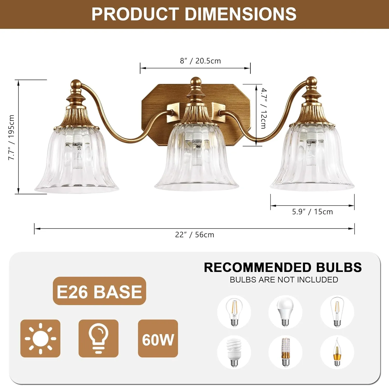 Gold Vintage Bathroom Vanity Light Fixture, Vanity Light for Bathroom, Matte Antique Brass Finish with Crystal Glass Shade, Lighting fixtures Over Mirror (Gold, 3-Light)