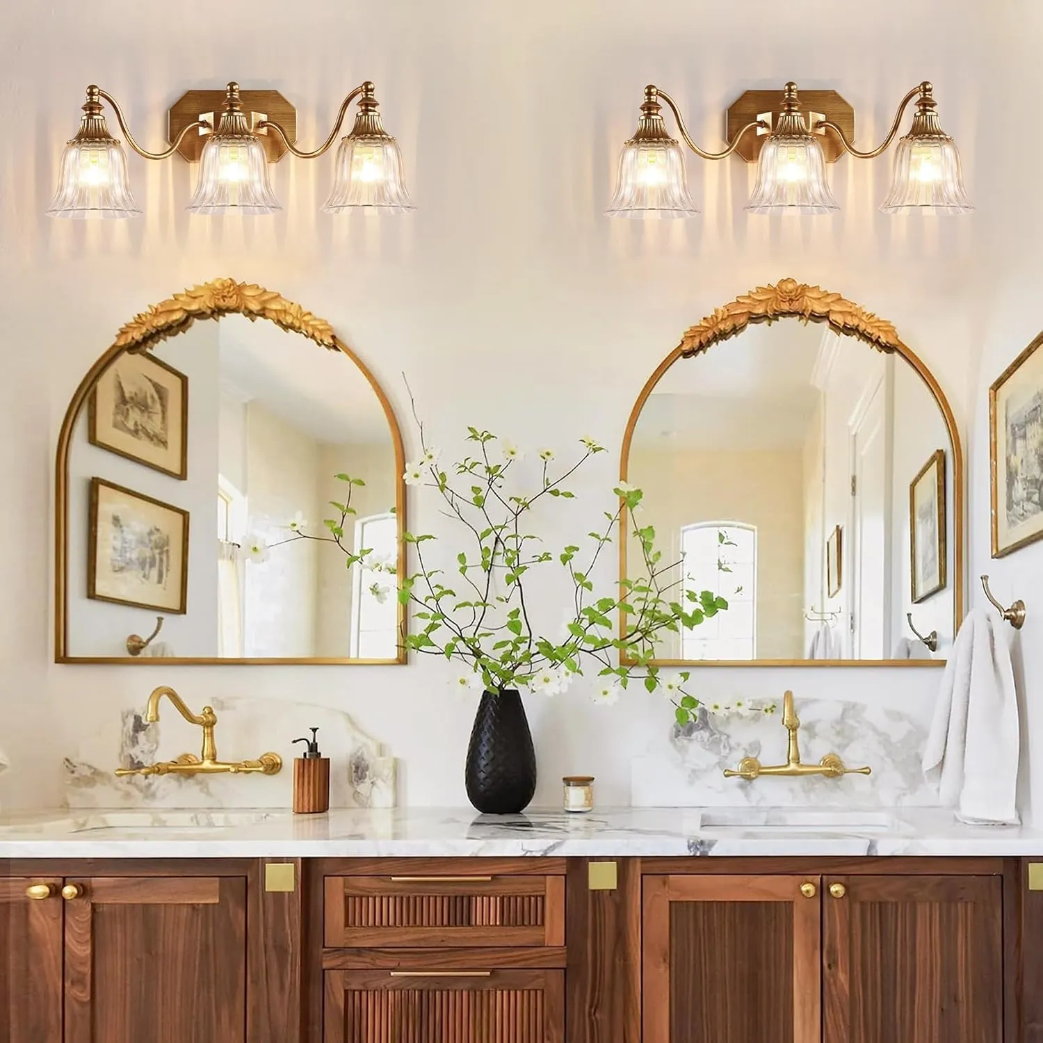 Gold Vintage Bathroom Vanity Light Fixture, Vanity Light for Bathroom, Matte Antique Brass Finish with Crystal Glass Shade, Lighting fixtures Over Mirror (Gold, 3-Light)