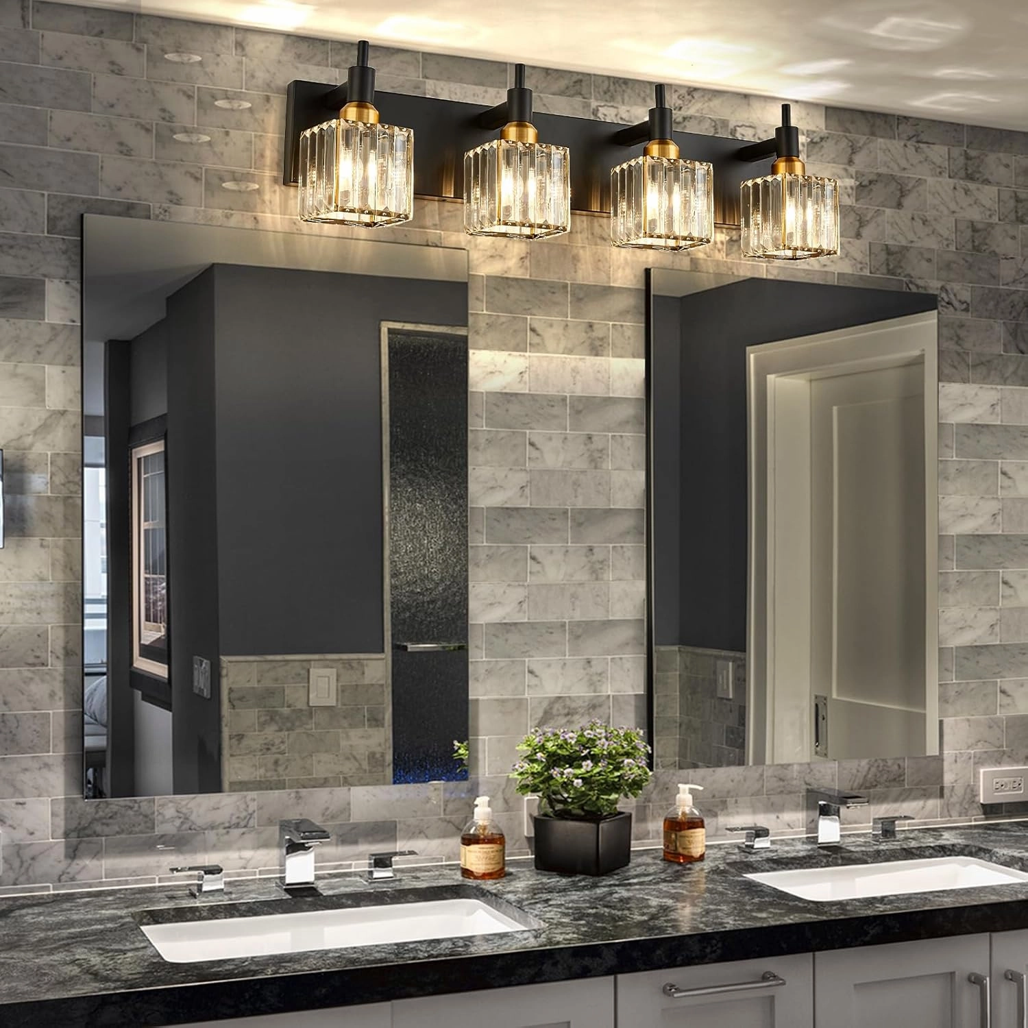 Gold Black Crystal Bathroom Lighting Fixtures, 4 Light Brass Modern Crystal Bathroom Vanity Lights Over Mirror Brass Bath Light