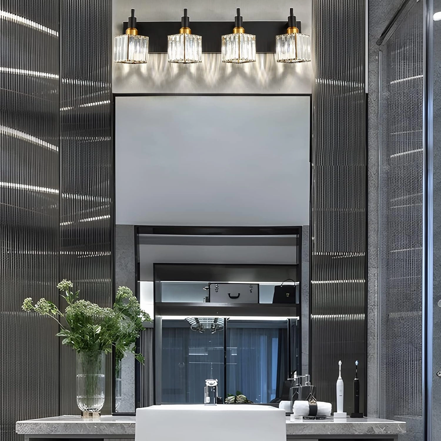 Gold Black Crystal Bathroom Lighting Fixtures, 4 Light Brass Modern Crystal Bathroom Vanity Lights Over Mirror Brass Bath Light