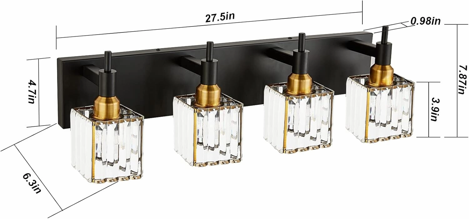Gold Black Crystal Bathroom Lighting Fixtures, 4 Light Brass Modern Crystal Bathroom Vanity Lights Over Mirror Brass Bath Light