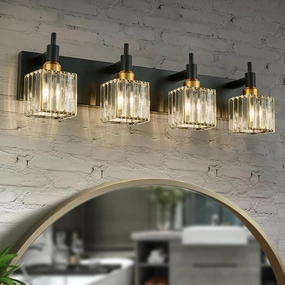 Gold Black Crystal Bathroom Lighting Fixtures, 4 Light Brass Modern Crystal Bathroom Vanity Lights Over Mirror Brass Bath Light