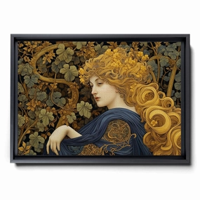 Golden Tapestry Delight, Woman in Window Scene with Intricate Foliage-inspired Artistry
