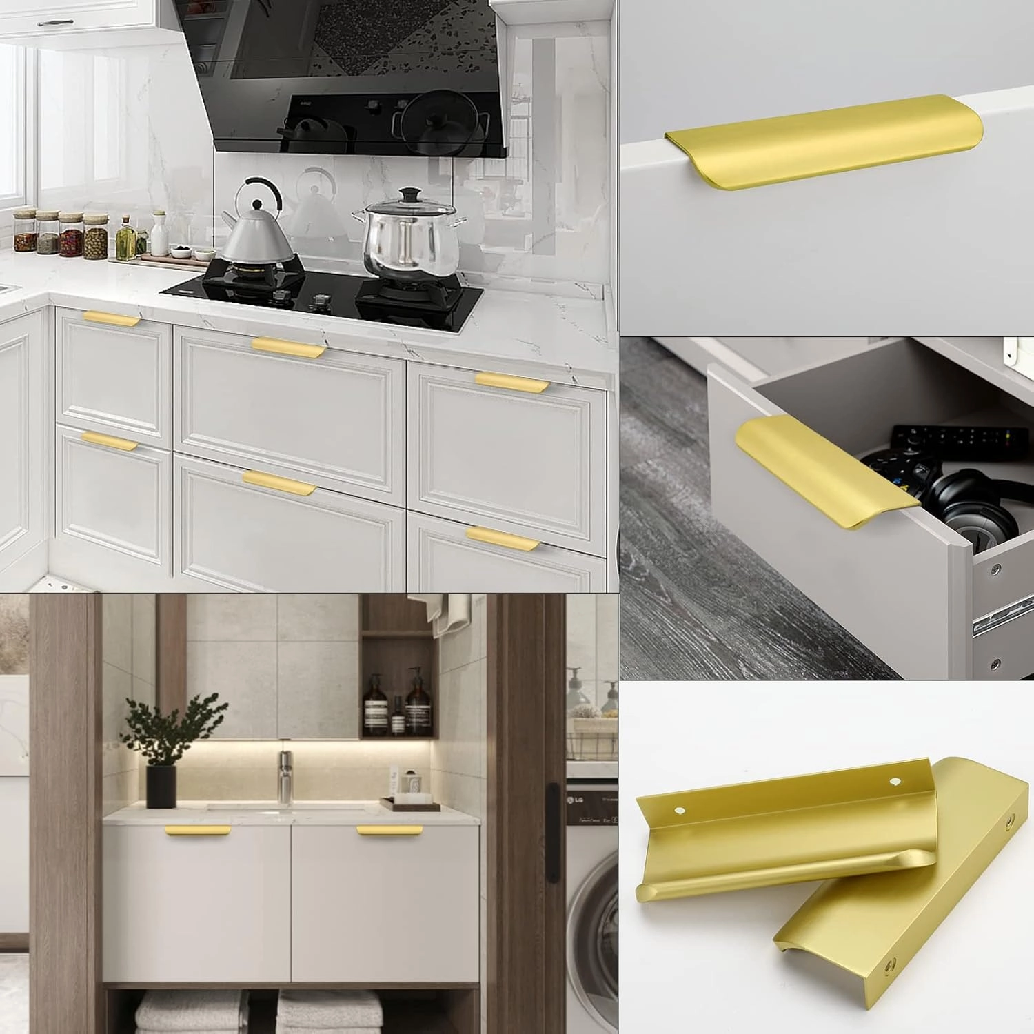 goldenwarm 10 Pack Kitchen Cabinet Handles 3 Inch Gold Finger Pulls for Cabinets Matte Gold Edge Pulls for Dresser Drawers Modern Kitchen Hardware, Aluminum Alloy