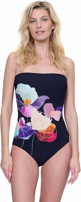 Gottex Enchanted Sun Women's Floral Multi Bandeau One Piece Swimsuit with Soft Cups and Tummy Control Adjustable Straps