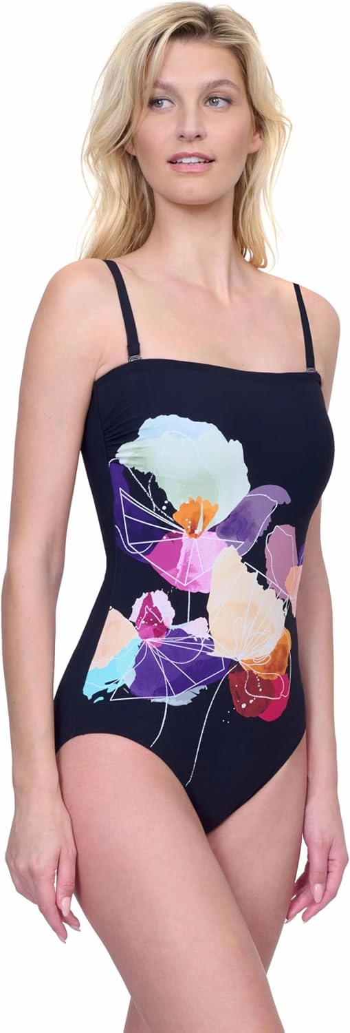 Gottex Enchanted Sun Women's Floral Multi Bandeau One Piece Swimsuit with Soft Cups and Tummy Control Adjustable Straps