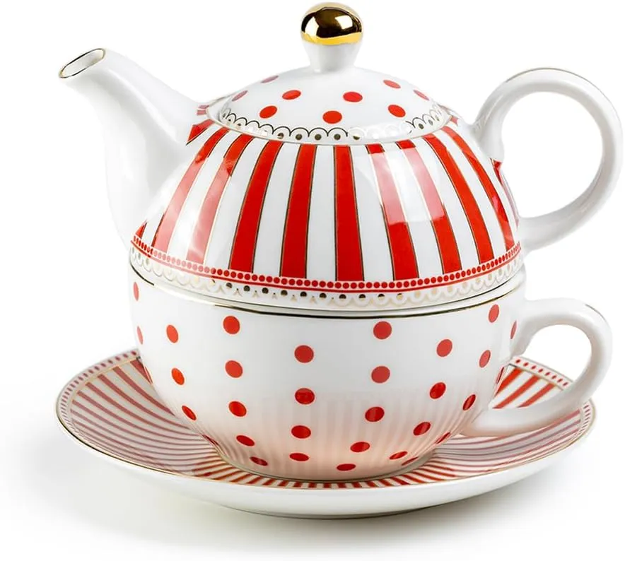 Grace Teaware Red Josephine Stripes and Dots Fine Porcelain Tea For One Set