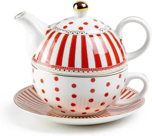 Grace Teaware Red Josephine Stripes and Dots Fine Porcelain Tea For One Set