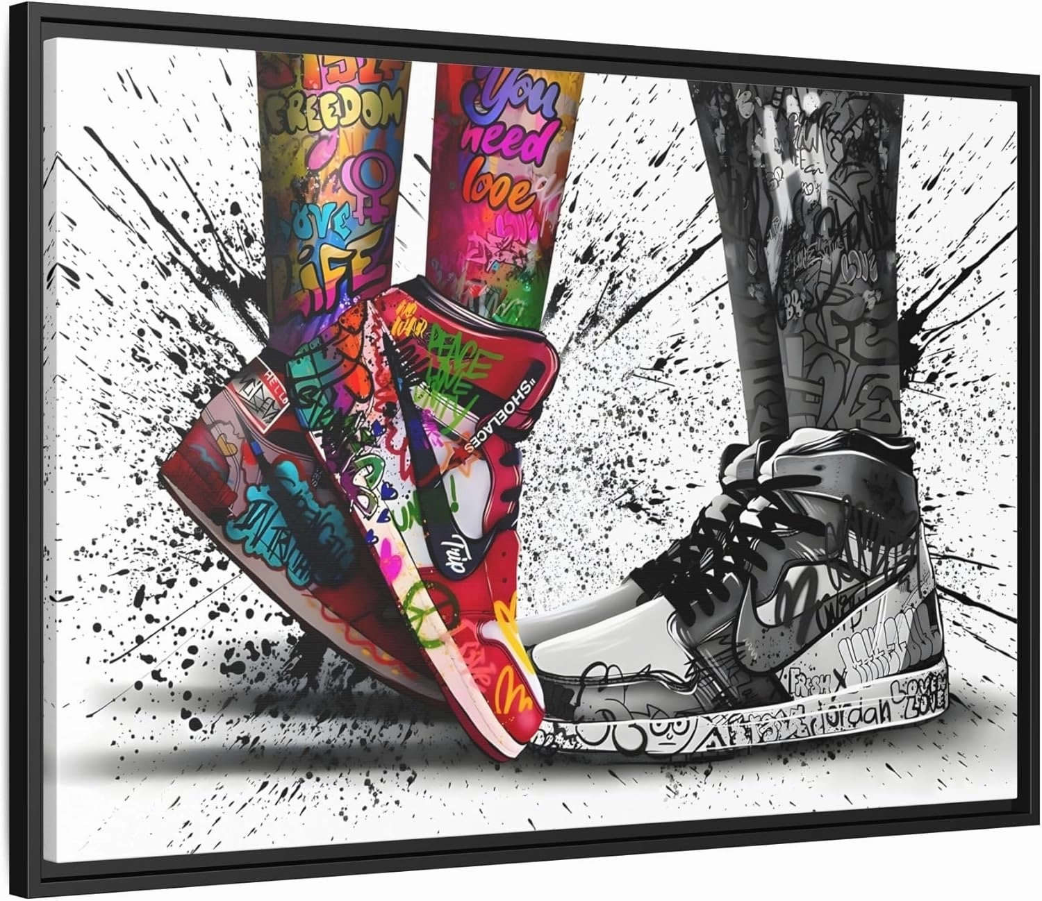 Graffiti Love in Shoes Framed Large Canvas Wall Hanging Art 18x12inch 45x30cm (Horizontal) / Black / 1.25inch 3.175cm